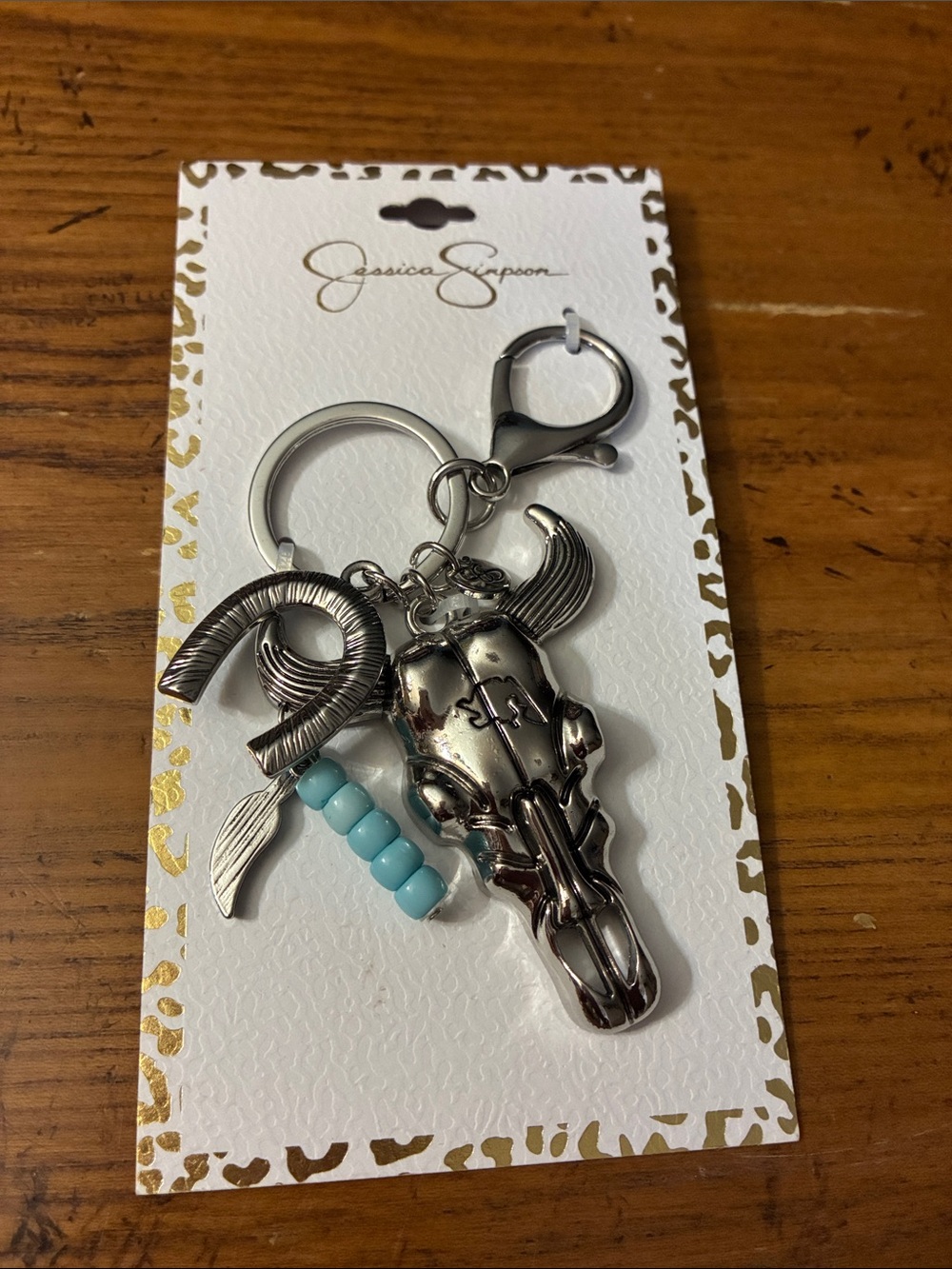 Jessica Simpson Silver Bull Skull Keychain with Turquoise Bead Accent